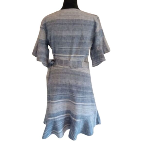 Express Women's Size Petite Small Chambray Linen Blend Wrap Mini Dress - Picture 2 of 7